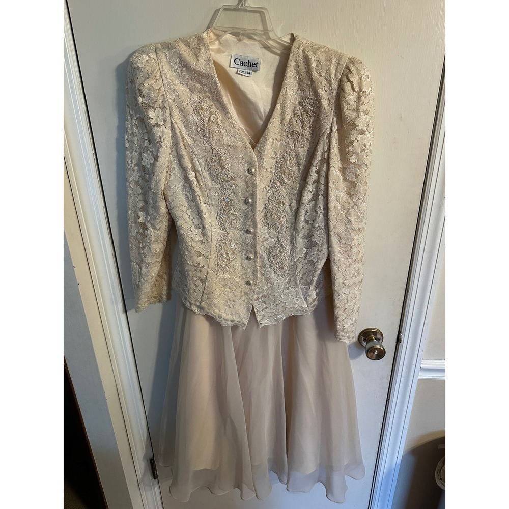Cachet‎ Vintage Lace Jacket and Tulle Skirt Set Cream Size 14 Bridal or Mother